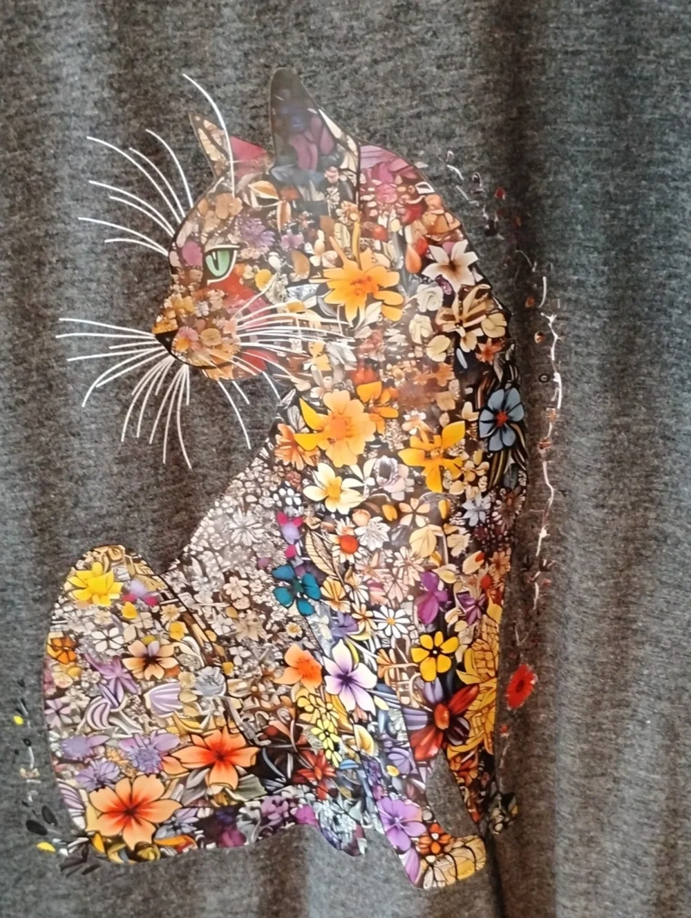 Floral Cat Graphic Tee - Dark Gray